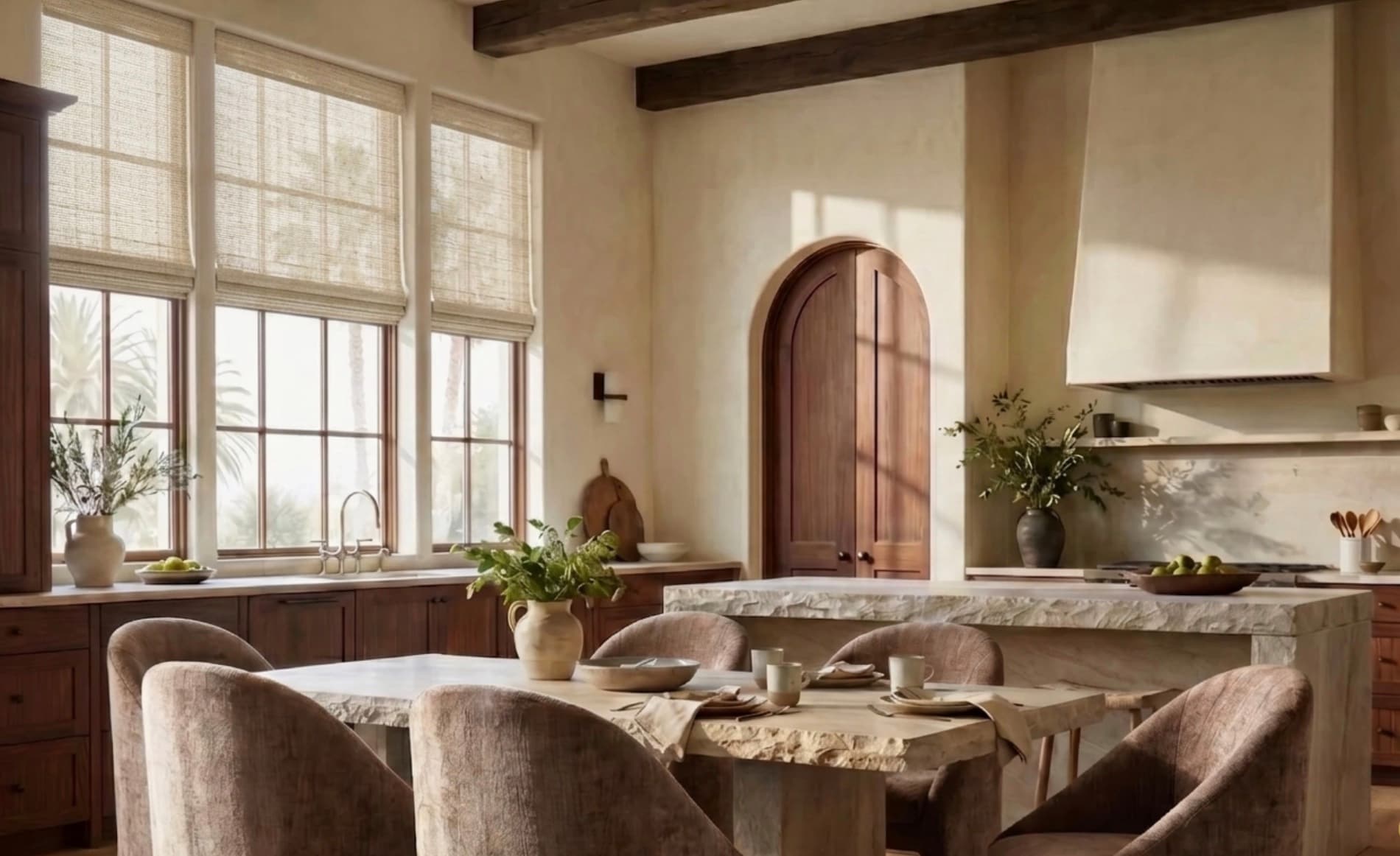 Dining room styled with woven roman shades