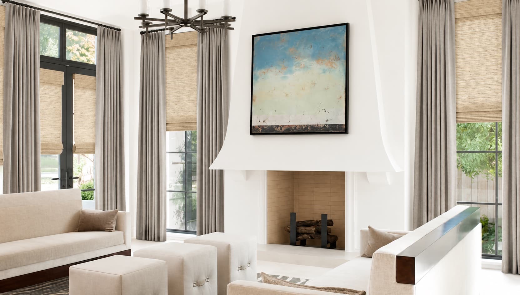 Living room styled with woven wood shades and drapery